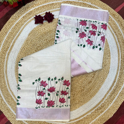 Lotus Kerala Vishu Sari Indian Cream Tissue hand Printed Pink Rose Gold Saree C10