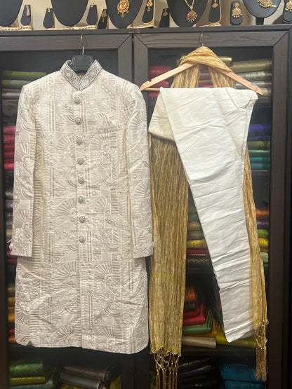 36” Small size Men’s Kurta Indian Ceam & Maroon Sherwani Bollywood outfit M14