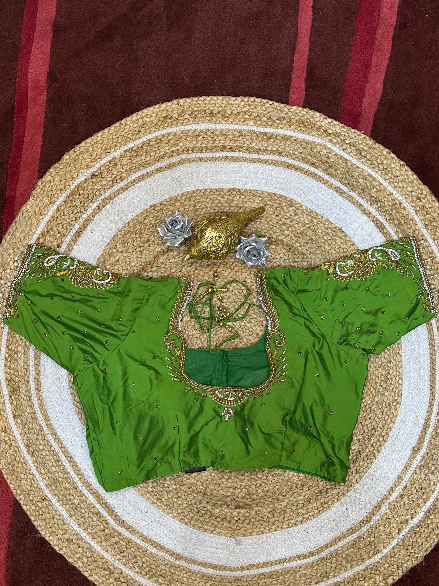 44” Size 14 Aari Worked Sari Blouse Indian Saree Top Silk Green B138