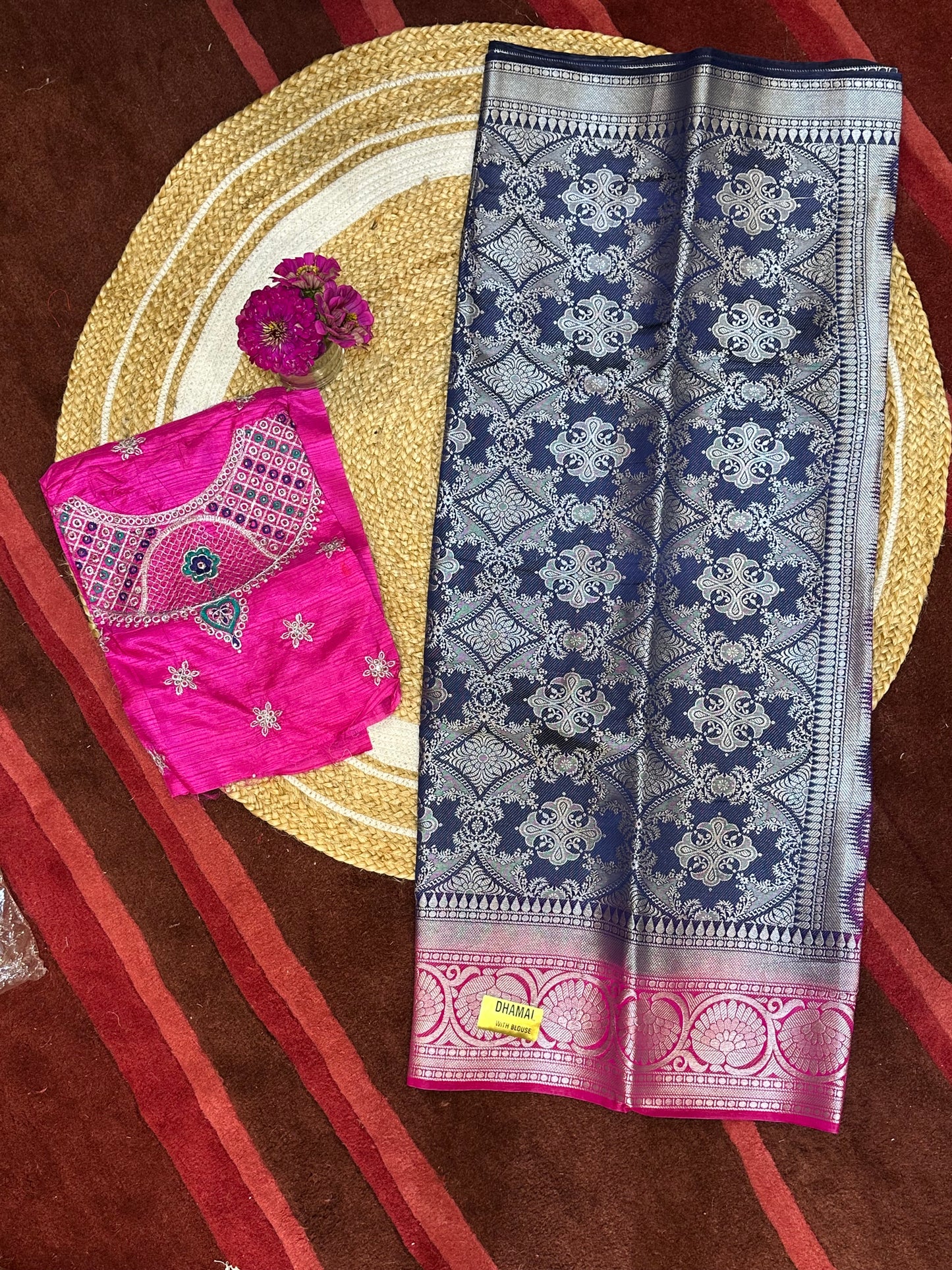 Bangalore Silk Sari Indian Fancy Saree Blue & Pink S68