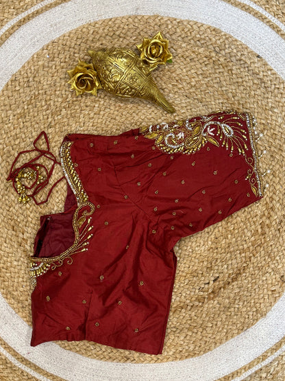 40” Size 10 Aari Worked Sari Blouse Indian Saree Top Silk Maroon B72