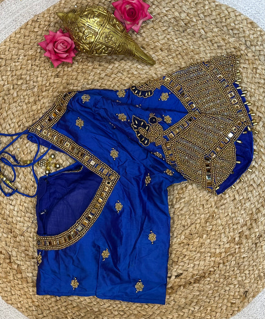 40” Size 10 Aari Worked Sari Blouse Indian Saree Top Silk Blue B92