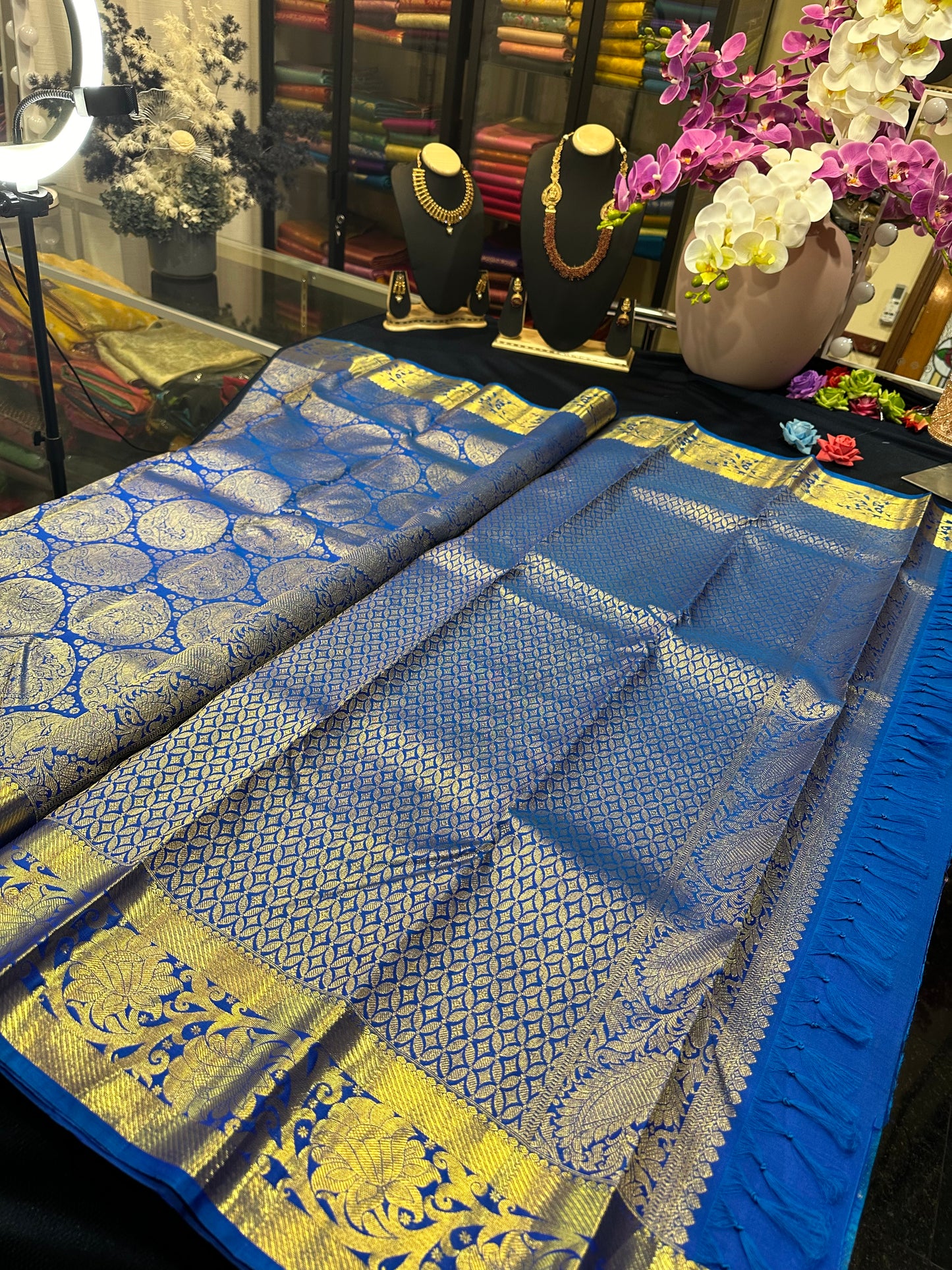 Kanchipuram Bridal Pure Silk Saree with Gold Zari Blue & Gold Sari| SPK084
