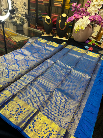Kanchipuram Bridal Pure Silk Saree with Gold Zari Blue & Gold Sari| SPK084