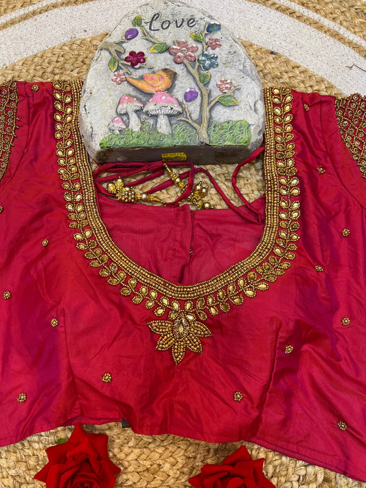 40” Bridal Aari hand Worked Sari Blouse Indian Top Choli Silk Red B39