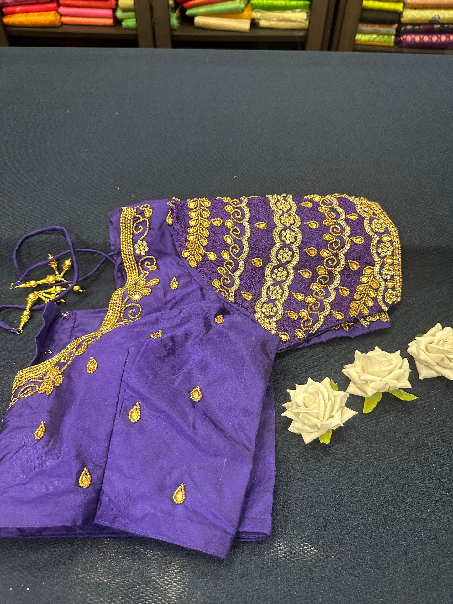 40” Aari hand Worked Sari Blouse Indian Top Choli Silk Purple B20