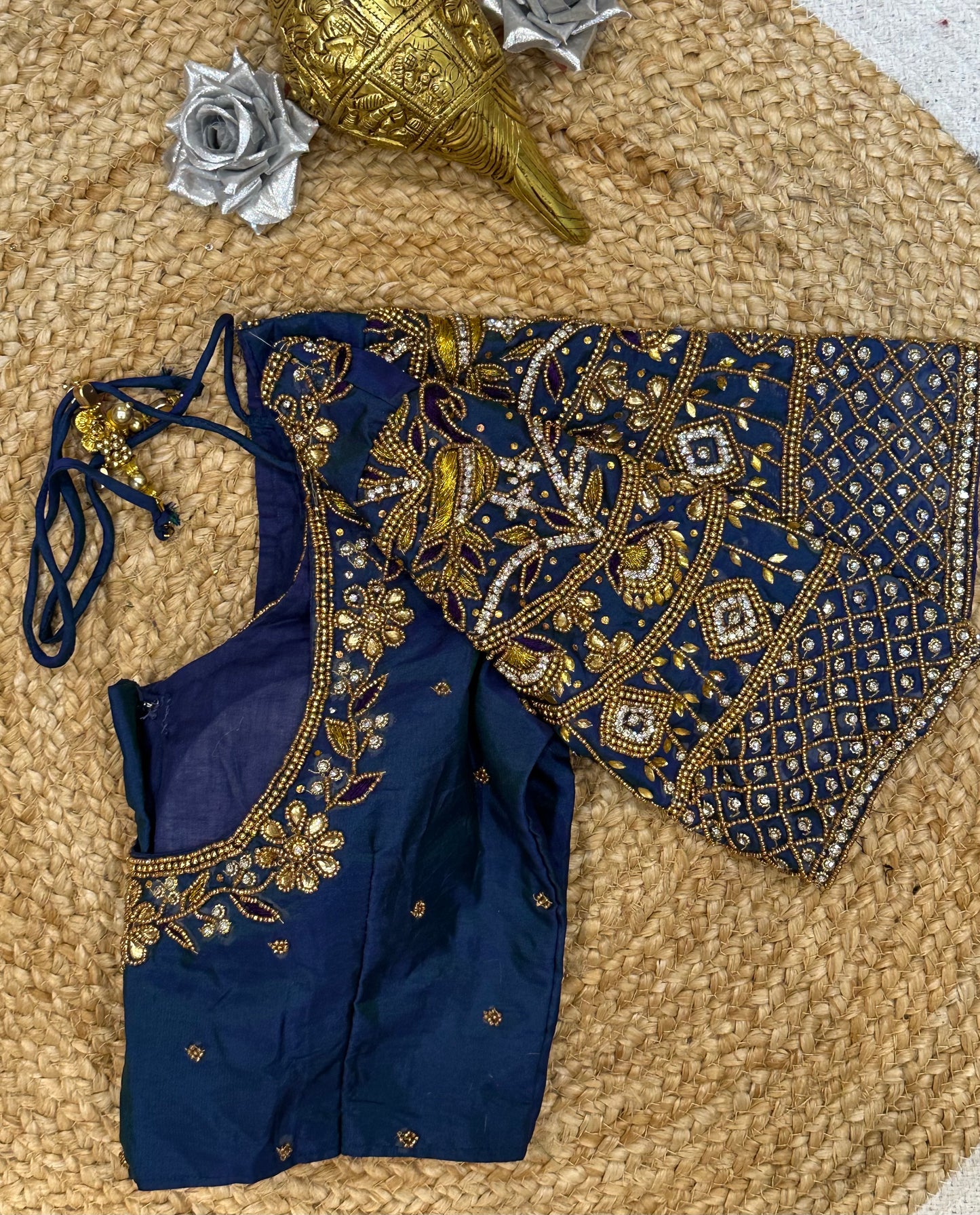 34” XS Aari Worked Sari Blouse Indian Saree Top Silk Blue B110