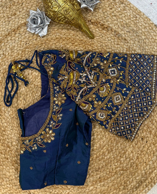 34” XS Aari Worked Sari Blouse Indian Saree Top Silk Blue B110