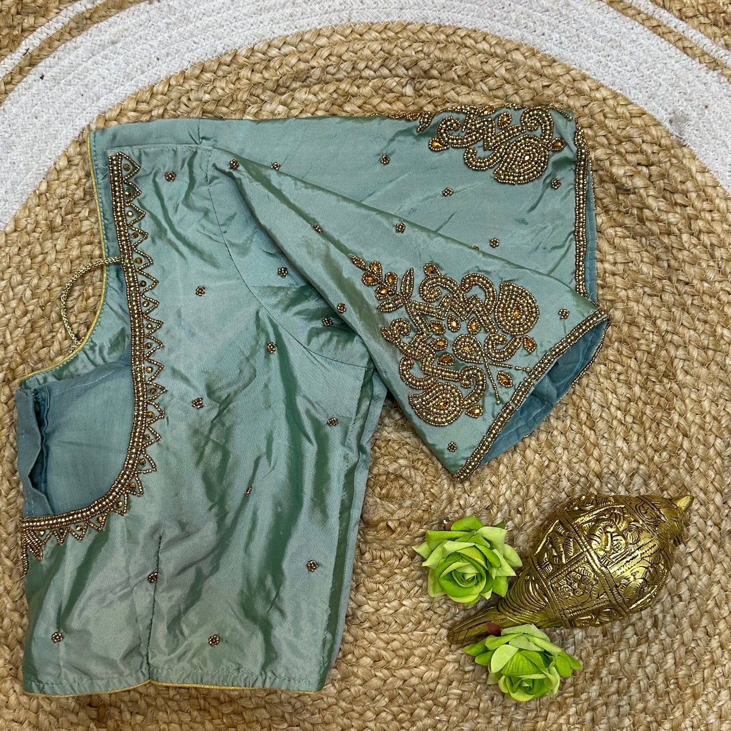 44” Size 14 Aari Worked Sari Blouse Indian Saree Top Silk Pastel Blue B246