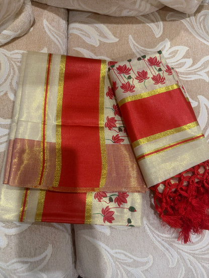 Kerala Multi Set Mundu Vishu Sari Indian hand Printed Kasavu Onam Saree C53