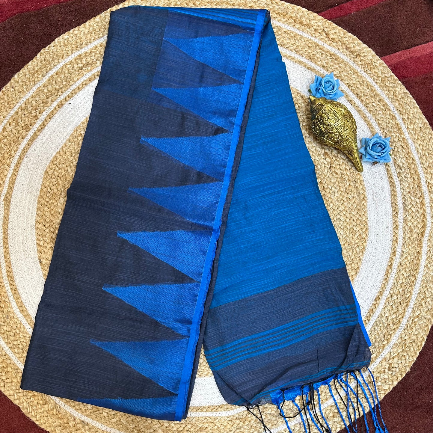 Blue Soft Slab Cotton Linen Sari Indian Saree with temple border C1