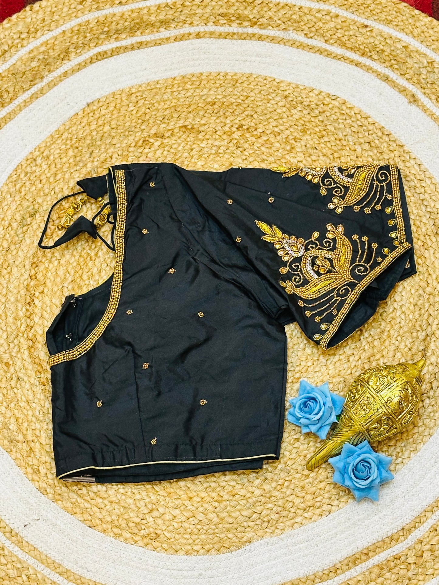 46” Size 16 Aari Worked Sari Blouse Indian Saree Top Silk Black B192