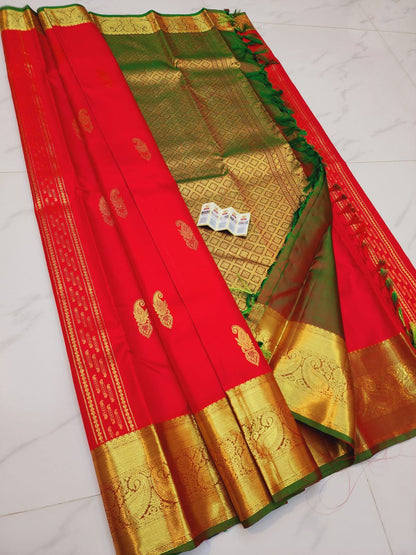 Kanchipuram Pure Silk Saree Red & Green Kanjivaram Sari| SPK081