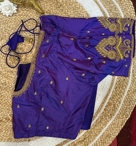 50” Size 20 Aari Worked Sari Blouse Indian Saree Top Silk Purple B65