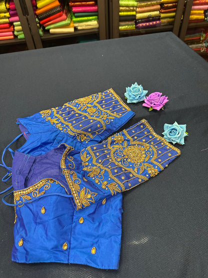 40” Aari hand Worked Sari Blouse Indian Top Choli Silk Blue B4