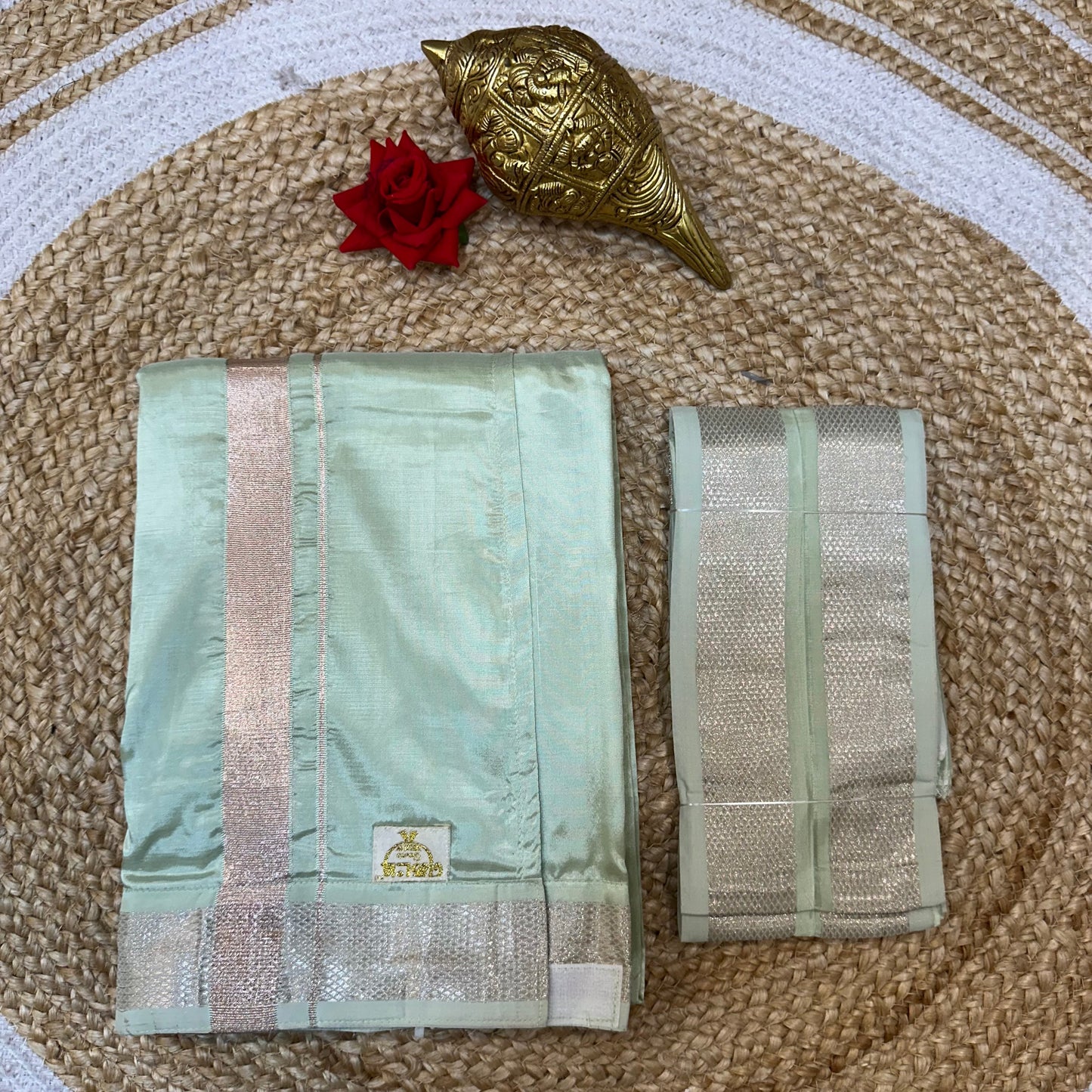 Medium Men’s South Indian Vesti Shirt Shawl Combo Semi Silk Dhotti V9