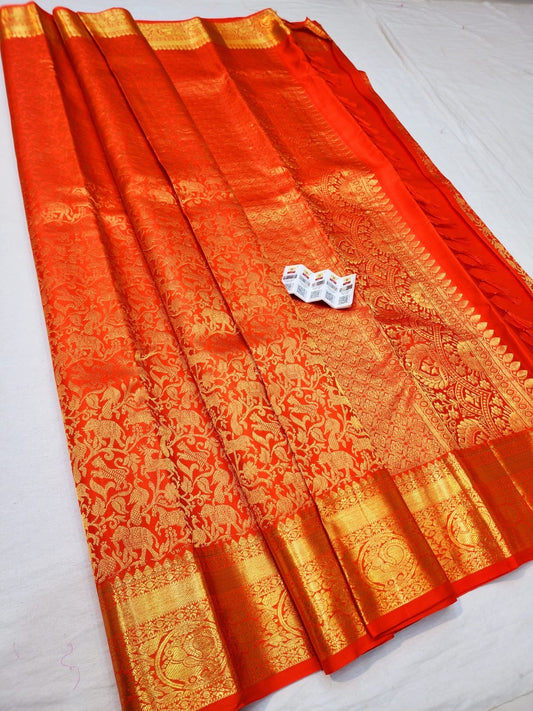Kanchipuram Pure Silk Saree Bridal Orange Kanjivaram Sari SPK279