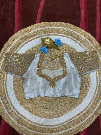 40” Size 10 Aari Worked Sari Blouse Indian Saree Top Silk Silver B180