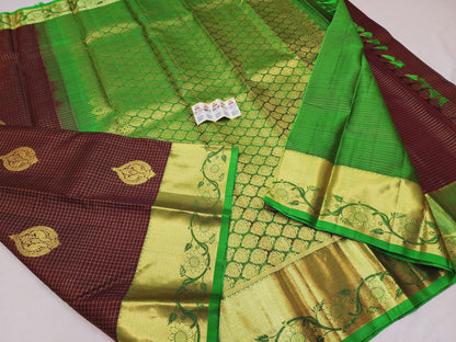 Kanchipuram Pure Silk Saree Brown & green with Gold Kanjivaram Sari| SPK122