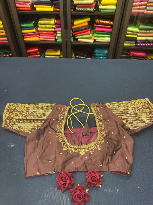 40” Aari hand Worked Sari Blouse Indian Top Choli Silk Maroonish Brown B16