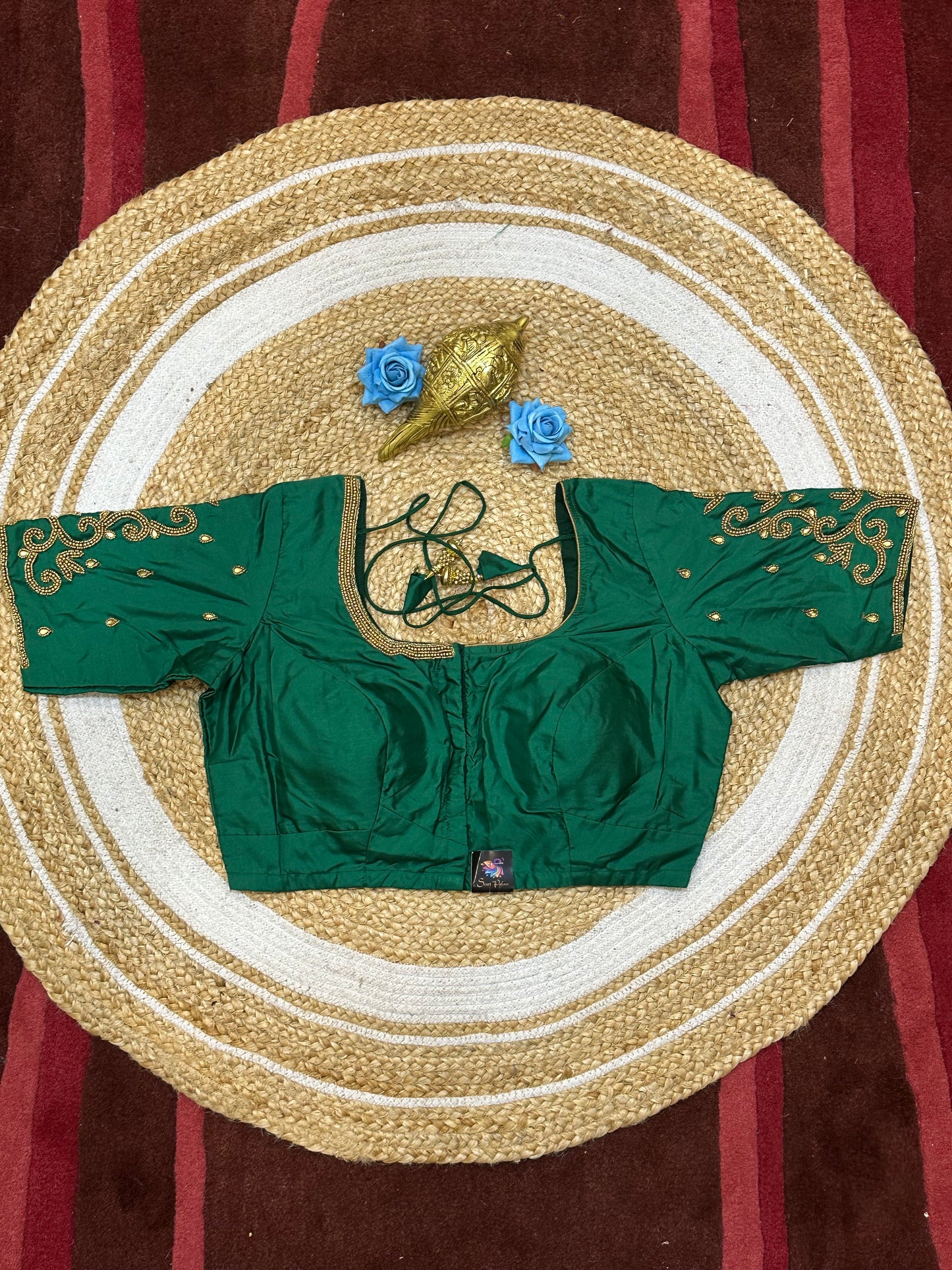 40” Size 10 Aari Worked Sari Blouse Indian Saree Top Silk Green B184