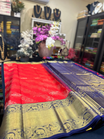 Bridal Kanchipuram Pure Silk Saree Red & Blue Kanjivaram Sari| SPK130