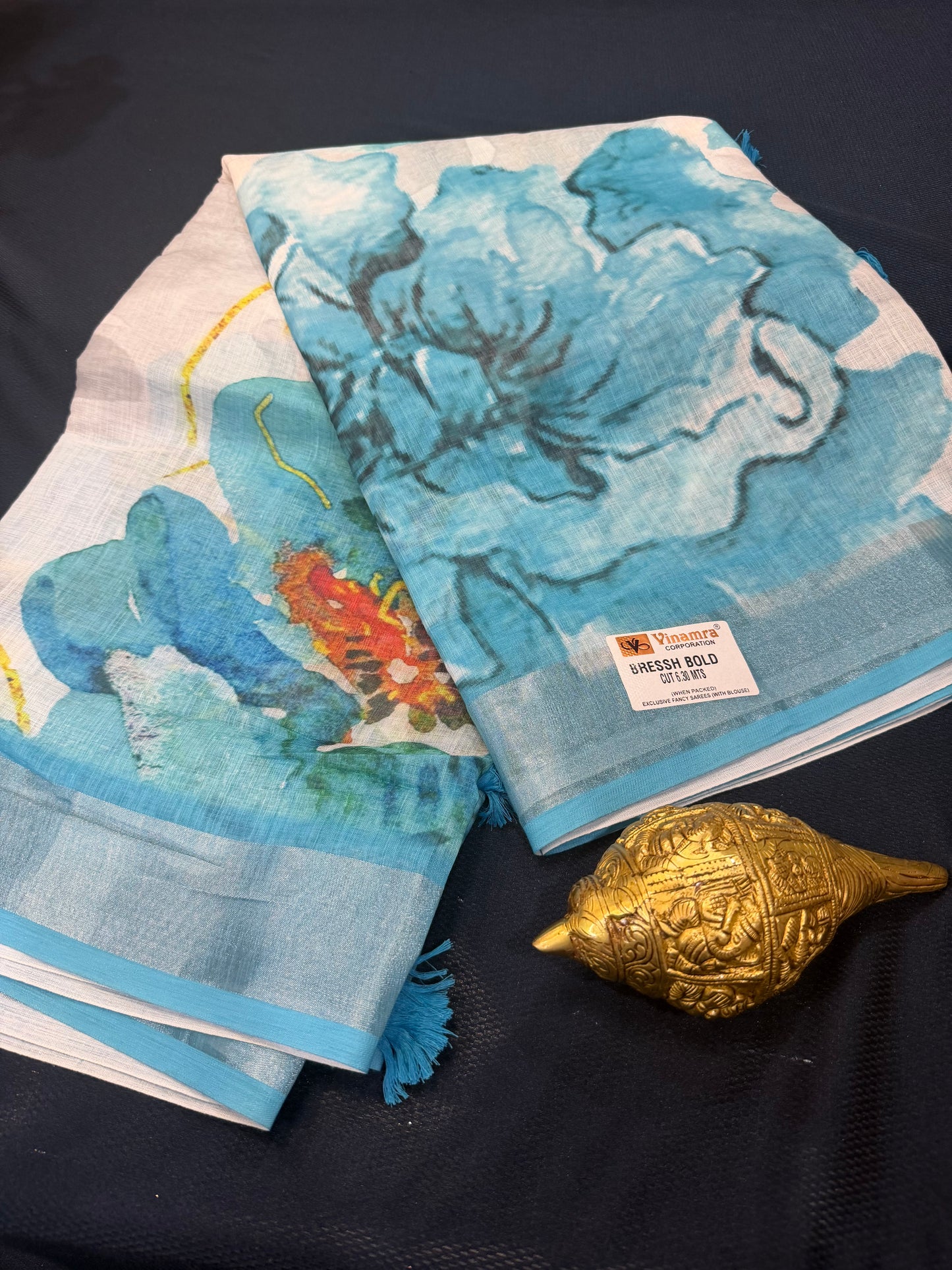 White & Green Digital Printed Linen Sari Indian casual Saree C5