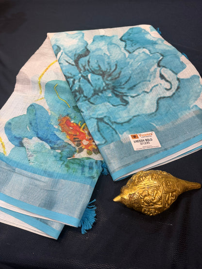 White & Green Digital Printed Linen Sari Indian casual Saree C5