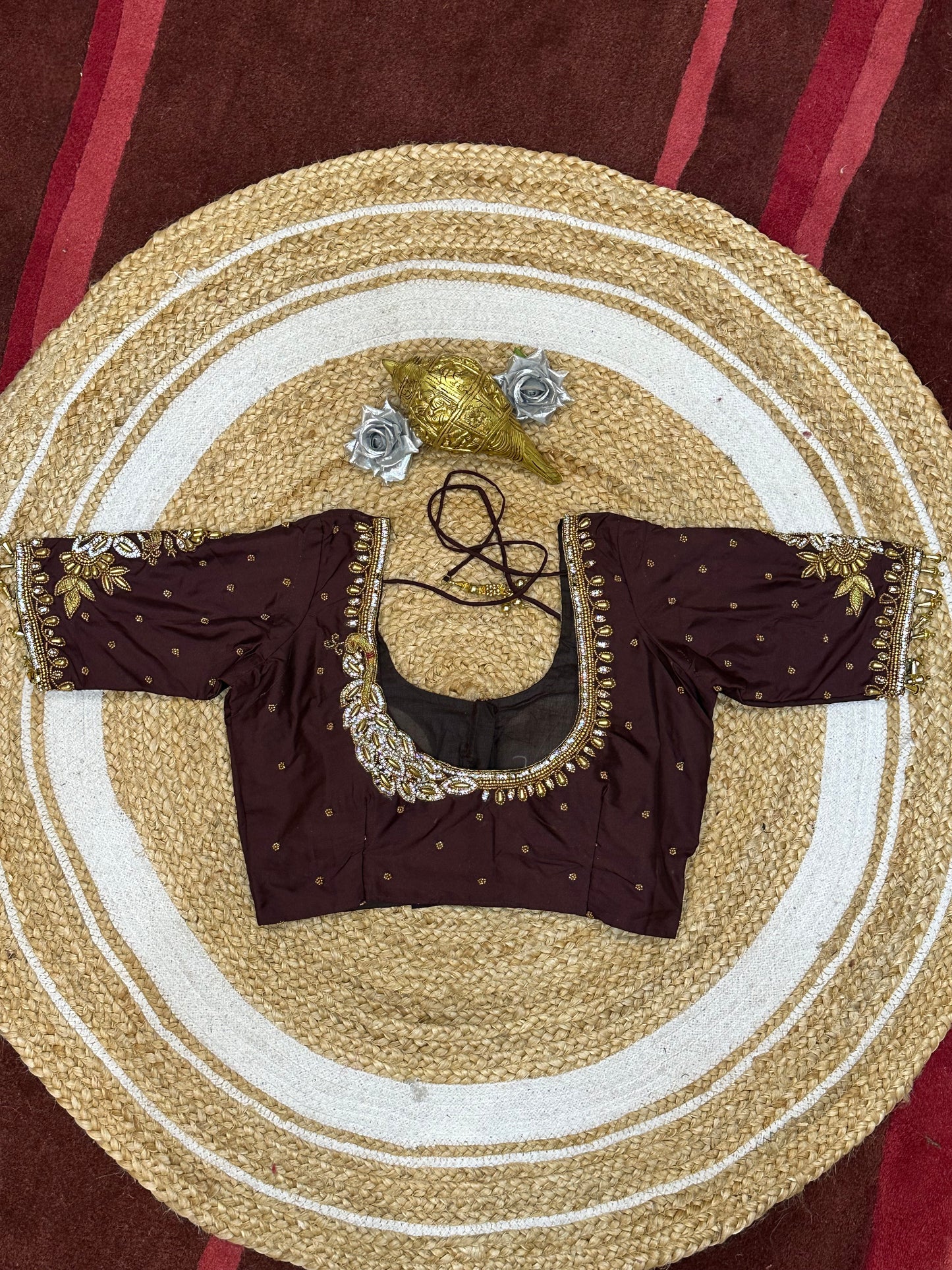 34” XSmall Aari Worked Sari Blouse Indian Saree Top Silk Deep Wine B123