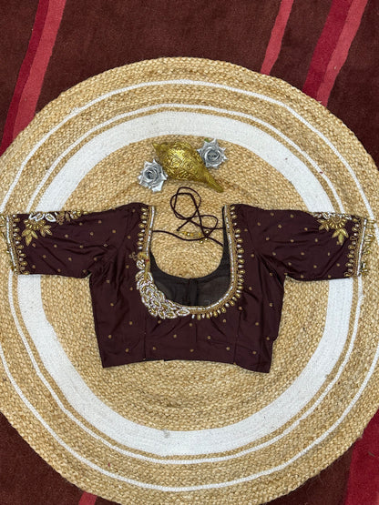 34” XSmall Aari Worked Sari Blouse Indian Saree Top Silk Deep Wine B123