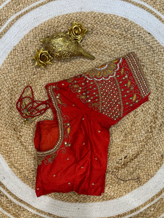 40” Size 10 Aari Worked Sari Blouse Indian Saree Top Silk Red B81