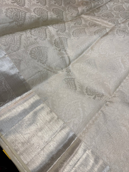 Kanchipuram Pure Silk handloom Bridal Saree Indian Kanjivaram Off White Sari SPK384