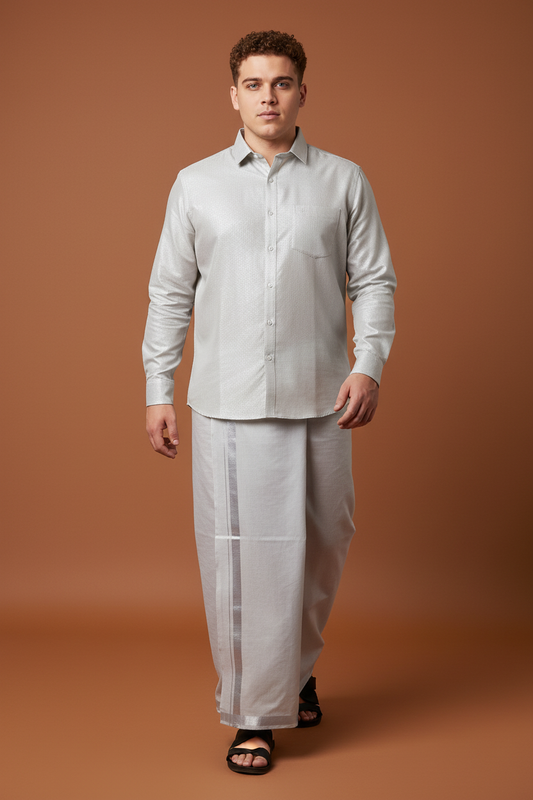 40” Large Men’s South Indian Vesti Shirt Combo Silver Dhotti V1