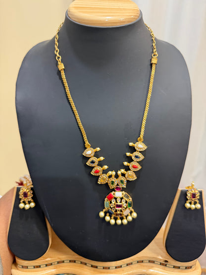 Navaratna Indian Necklace & Earrings Temple Jewellery Set N89