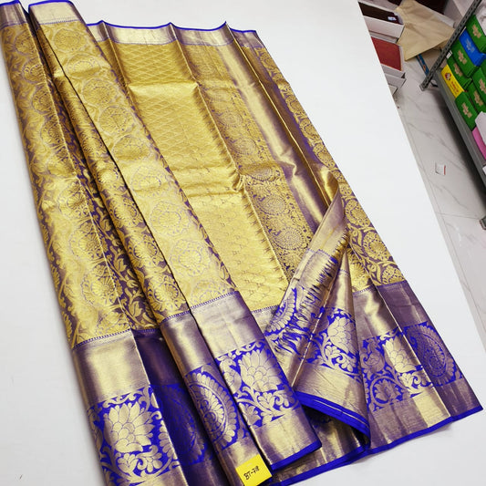 Kanchipuram Tissue Bridal Pure Silk Saree with Gold Zari Blue & Gold Sari| SPK097