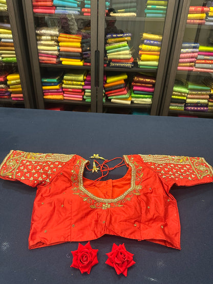 40” Aari hand Worked Sari Blouse Indian Top Choli Silk Red B17