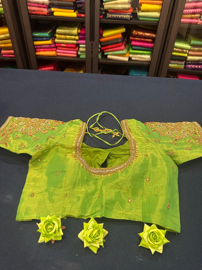 40” Aari hand Worked Sari Blouse Indian Top Choli Silk Green Gold B12