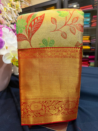 Bridal Tissue Kanchipuram Pure Silk Saree Gold & Red Kanjivaram Sari| SPK076