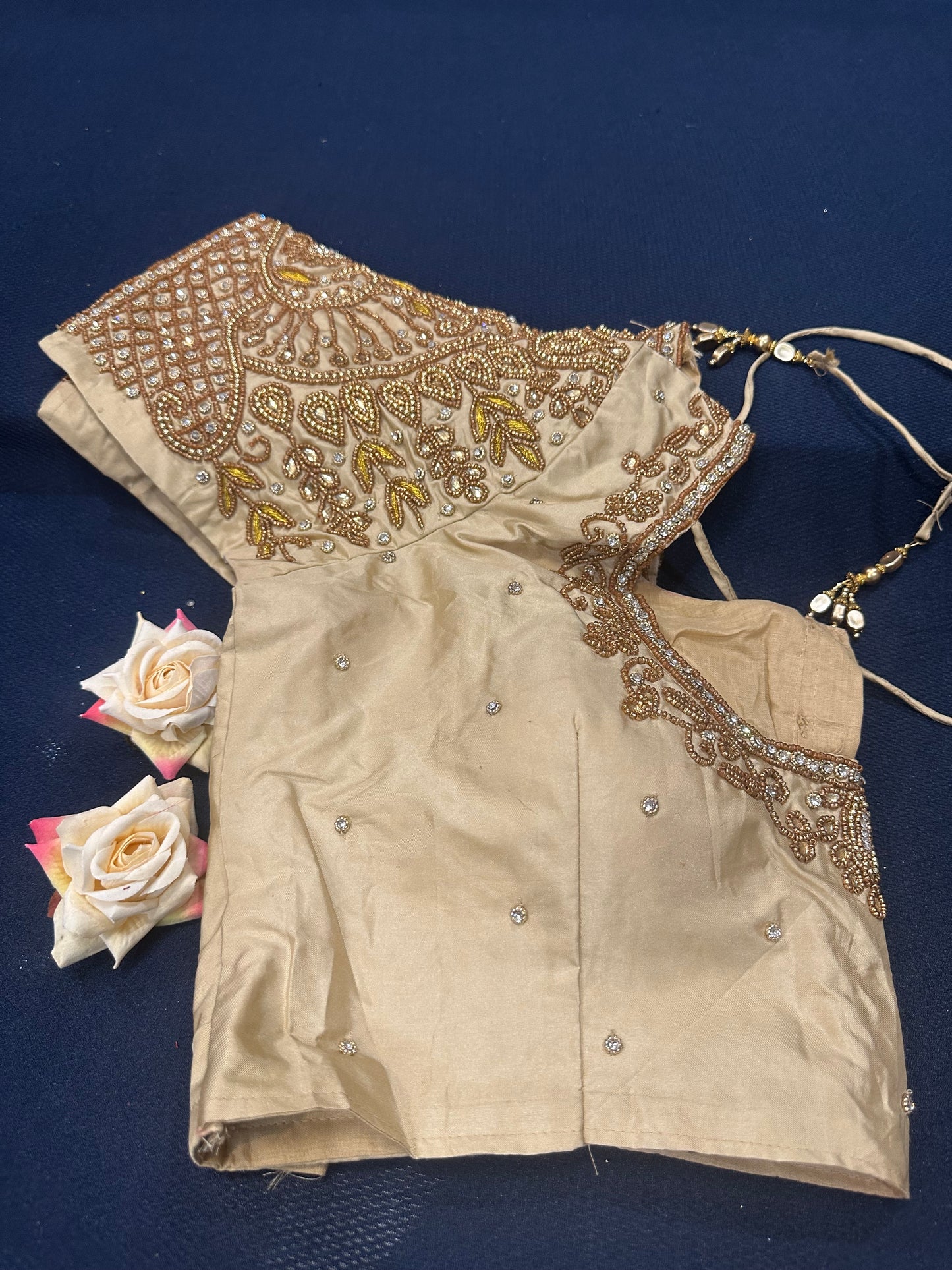 40” Aari hand Worked Sari Blouse Indian Top Choli Silk Gold B7