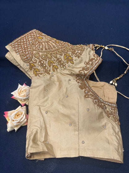 40” Aari hand Worked Sari Blouse Indian Top Choli Silk Gold B7