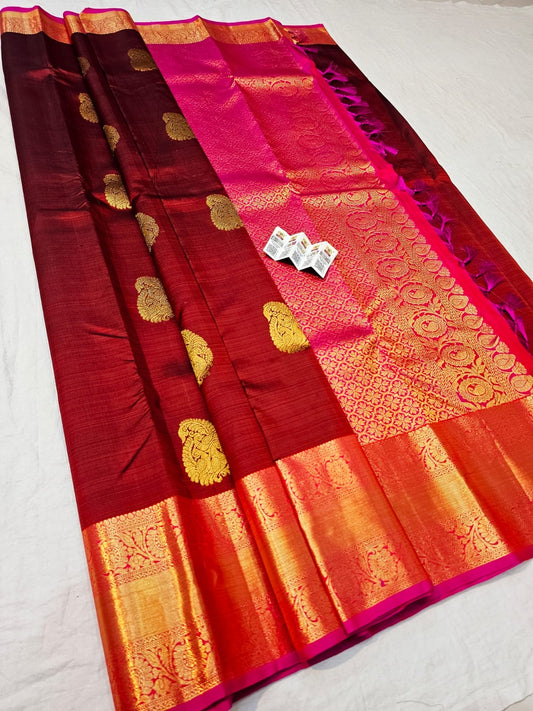 Kanchipuram Pure Silk Saree Bridal Maroon Kanjivaram Sari SPK283