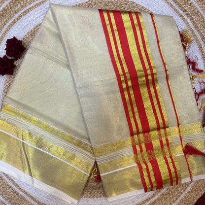 Red Kerala Vishu Sari Indian Cream Tissue Saree C35 - Col 7