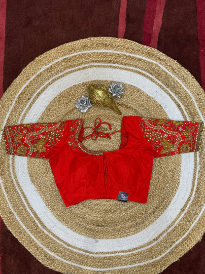34” XS Aari Worked Sari Blouse Indian Saree Top Silk Red B102