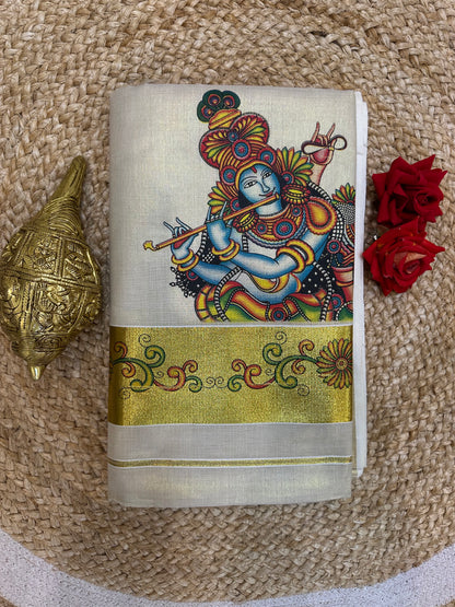 Kerala Vishu Sari Indian Cream Tissue hand Printed Onam Saree C7 - Col 6