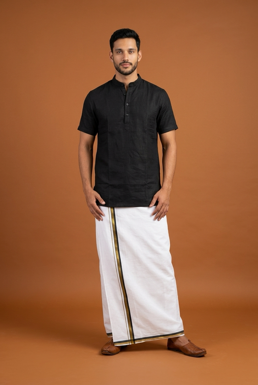 Men’s South Indian Casual Vesti Shirt Combo Black White Dhotti V4