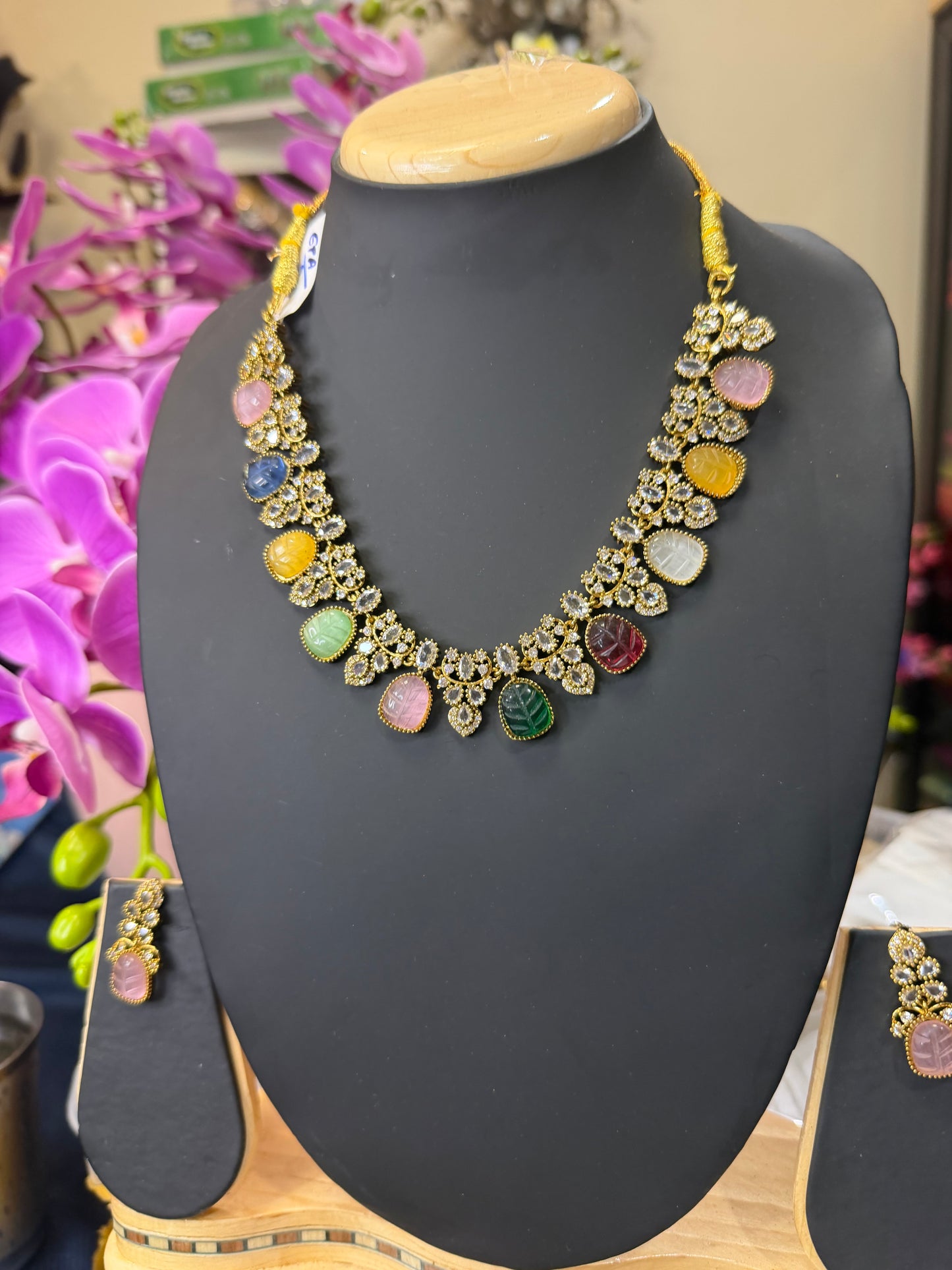Indian Brass Necklace & Earrings Jewellery Set Multi N62