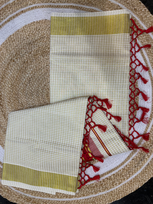 Red Kerala Vishu Sari Indian hand Printed Kasavu Onam Saree C22 Col 2