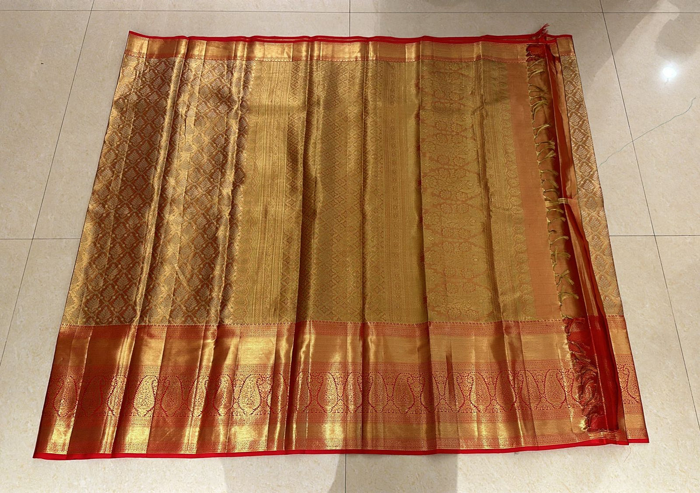 Bridal Tissue Kanchipuram Pure Silk Saree Gold & Red Kanjivaram Sari| SPK153