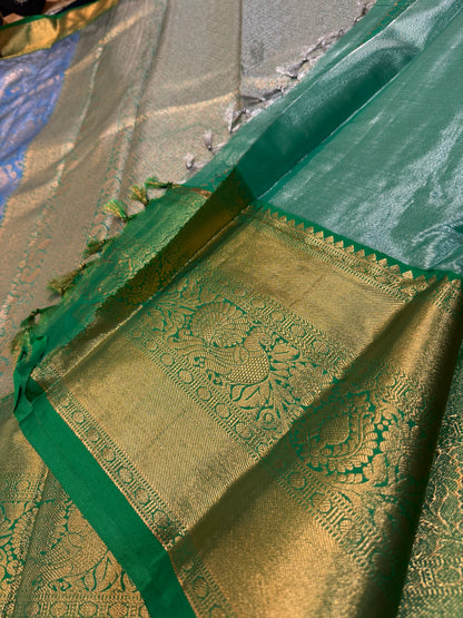 Semi Silk Indian Bridal Tissue Kanjivaram / Kanchipuram Sari Blue Saree SEMI1