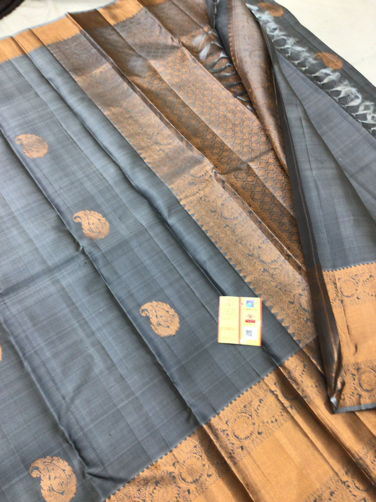 Kanchipuram Pure Silk Saree Grey & Copper Kanjivaram Sari| SPK135